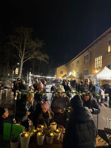 Utomhus står en stor folksamling på en julbasar under svart himmel.